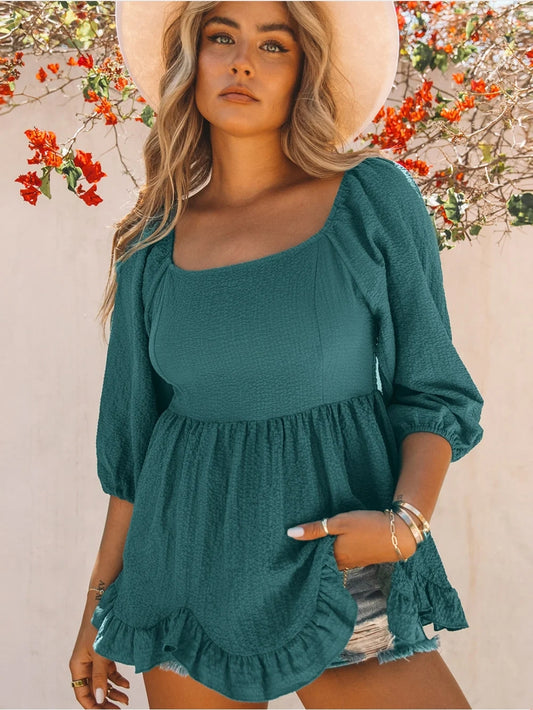 Teal Ruffled Smocked 3/4 Sleeve Square Neck Blouse