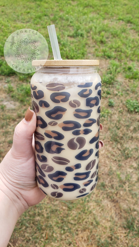 Glass Can Tumbler 16oz - Leopard and Coffee Beans